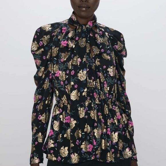 ZARA Metallic‎ Shimmer Tie Neck Blouse Small Gold Floral Statement - Picture 9 of 15